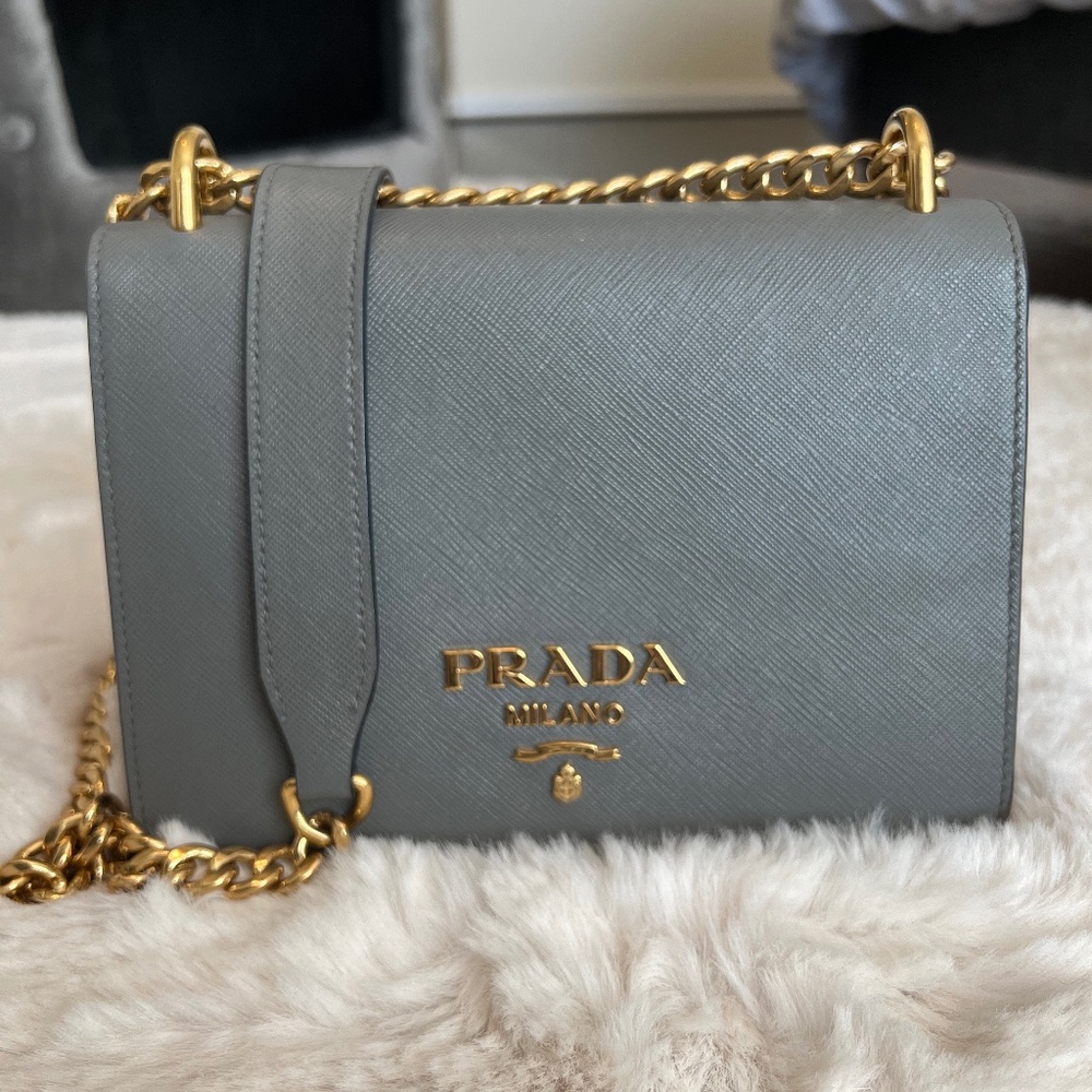 Prada Saffiano Flap Chain Grey Leather Cross Body Bag